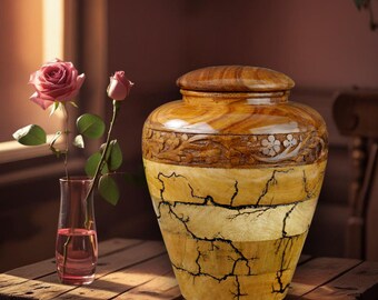 Handcrafted Wooden Urn – Floral Carvings, Lichtenberg Figures, Large Adult Memorial