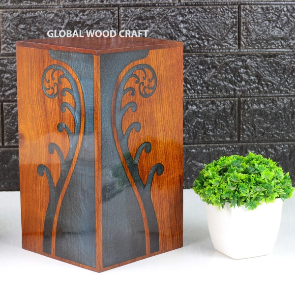 Wooden Handcrafted Rectangular Handmade Ash Remains Storage Cremation Urn Box | Maori Floral Carvings Print Epoxy Resin Etched Design Work