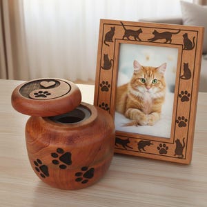 May include: A wooden pet urn with paw prints and a Yin Yang design on the lid, next to a wooden picture frame with cat silhouettes and paw prints. The frame holds a photo of a ginger cat.