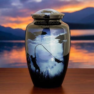 Ręcznie robiona aluminiowa urna kremacyjna: wzór wędkarski, prochy osoby dorosłej (200 cali sześciennych)