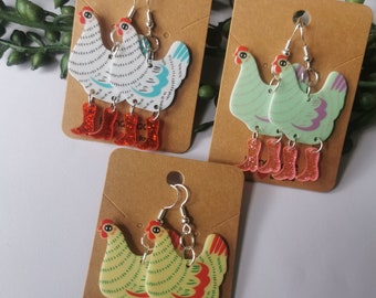 Dancing Chickens in Boots Glitter Earrings Handmade Funky Quirky Kitsch Gift Unusual