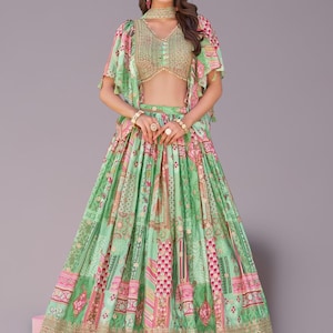 Embroidered Chinnon Silk Lehenga Choli: Indian Wedding Party Outfit