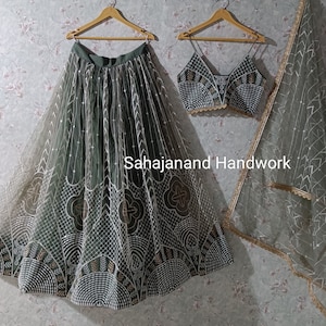 Dusty Green Lehenga choli dla kobiet indyjski projektant ślubny strój funkcyjny strój imprezowy chaniya choli haft praca Lengha indyjski strój