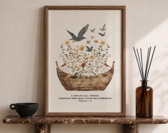 Philippians 4:13 Floral Boat Art Print – Christian Scripture Wall Decor