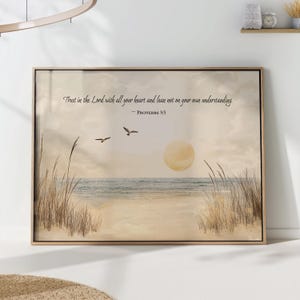 Christian Beach Art Print - Proverbs 3:5 Bible Verse Wall Decor - Coastal Faith Poster