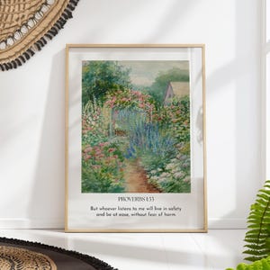 Proverbs 1:33 Bible Verse Garden Art Print - Protection Inspirational Christian Wall Decor, Scripture Watercolor, Floral Cottage Scene