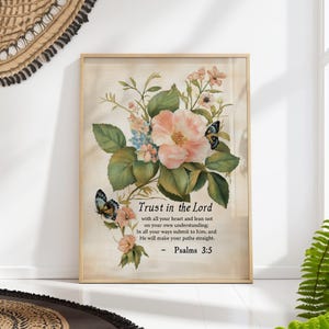 Proverbs 3:5 Trust in the Lord Print | Christian Floral Bible Verse Wall Art | Inspirational Faith Decor