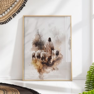 Good Shepherd Art Print - Jesus with Sheep Christian Wall Decor PRINTED on Luxury Paper
