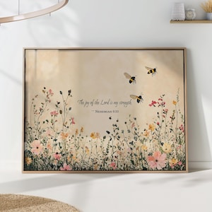 Christian Art Print - 'The Joy of the Lord is My Strength' - Nehemiah 8:10 Scripture with Floral Design