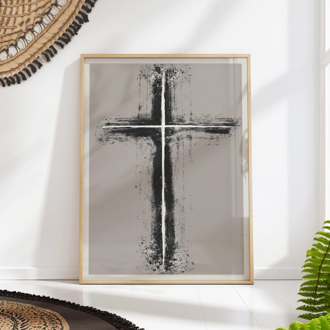 Cross Wall Art Abstract Black White Christian Brushstroke Print - Etsy