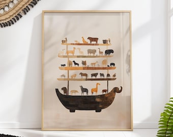 Noah's Ark Animal Art Print - Nursery Wall Decor, Bible Story Illustration