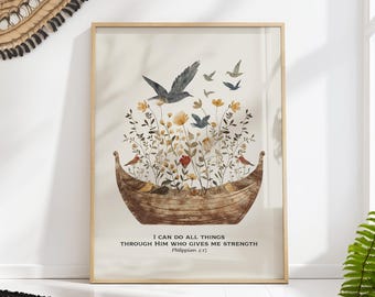 Philippians 4:13 Floral Boat Art Print – Christian Scripture Wall Decor