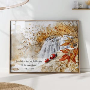 Psalm 136:1 Christian Art Print Bible Verse Poster Give Thanks to the Lord Autumn Waterfall Wall Decor