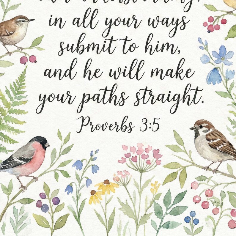 Proverbs 3:5 Scripture Art Print – Watercolor Birds Botanical Wall ...