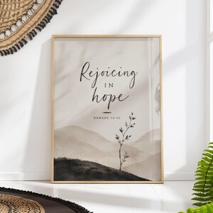 Rejoicing in Hope Print: Romans 12 12 Minimalist Scripture Mountain Wall Art