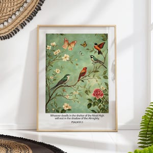 Psalm 91:1 Bible Verse Print, Protection Inspirational Christian Wall Art, Faith Scripture Bird and Butterfly Floral Poster