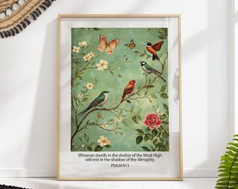Psalm 91:1 Bible Verse Print, Bird and Butterfly Floral Art
