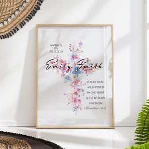Personalized Girl Baptism Print - Custom Floral Watercolor Art for Women - Christian Gift PRINTED on Luxury Paper
