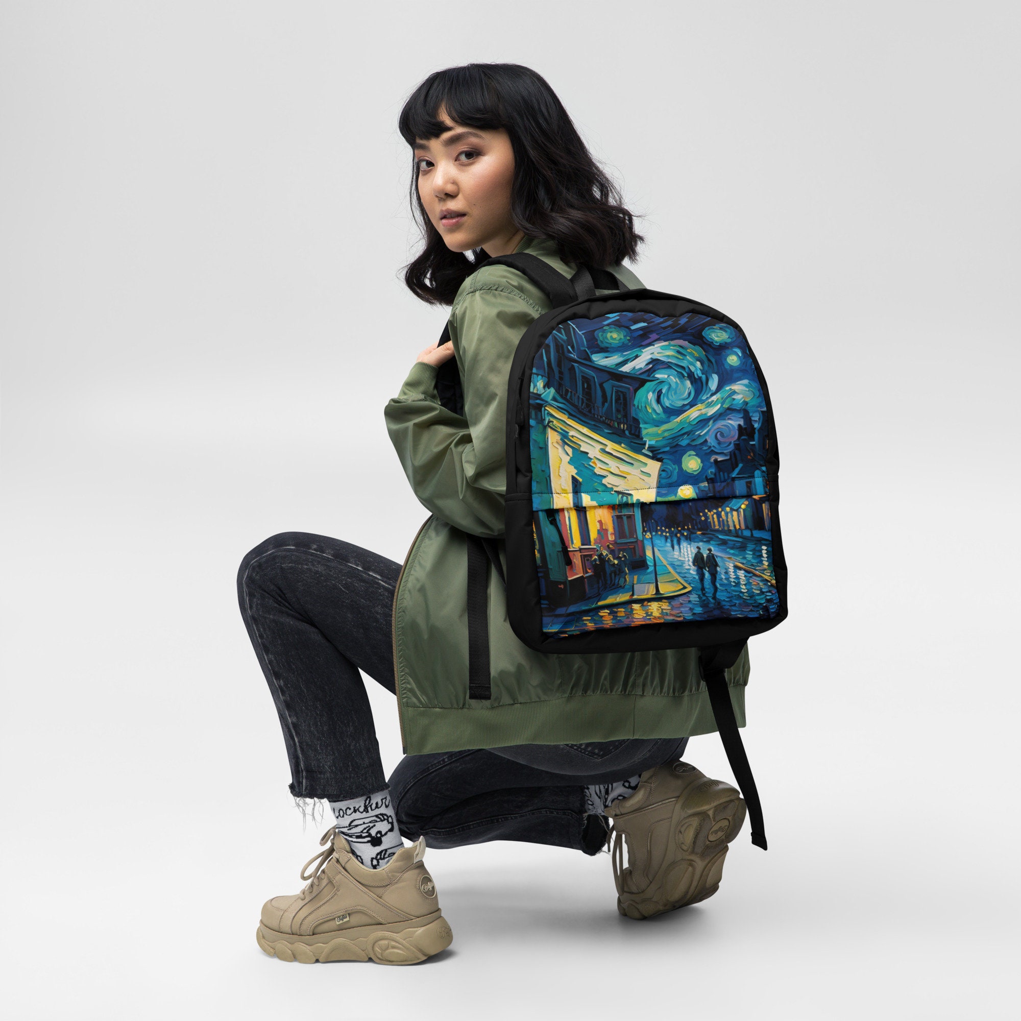 Water-based Starry Night Town Backpack: Van Gogh-inspired Art