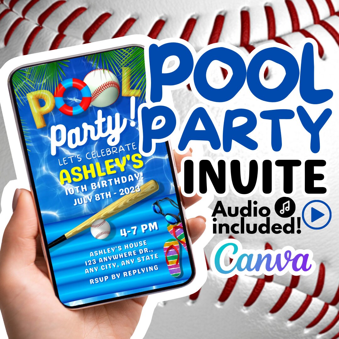 Baseball Pool Party Birthday Invitation Pool Birthday Evite Etsy