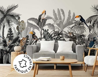 Papier peint Français Forêt Tropicale Jungle Animaux Palmiers panoramique / wallpaper / haut de gamme