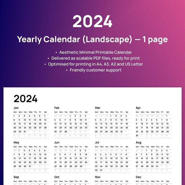 2024 Minimal Printable Landscape Calendar, A4, A3, A2 and US Letter Calendar, 2024 Full Year Calendar, 2024 Simple Clean Modern Calendar