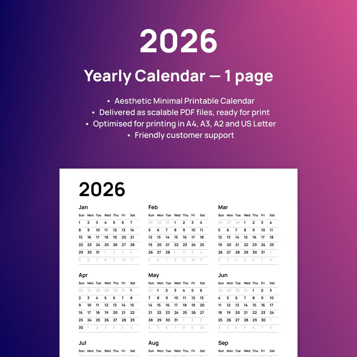 2026 Minimal Printable Yearly Calendar, A4, A3, A2 and US Letter