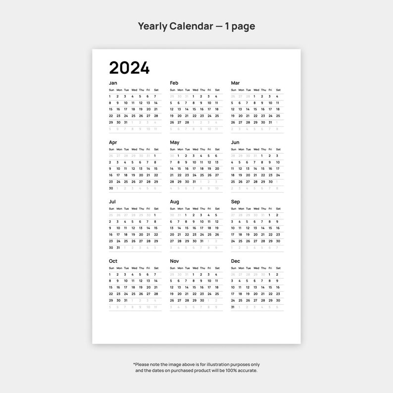 2024 Minimal Printable Calendar, A4, A3, A2 and US Letter Calendar
