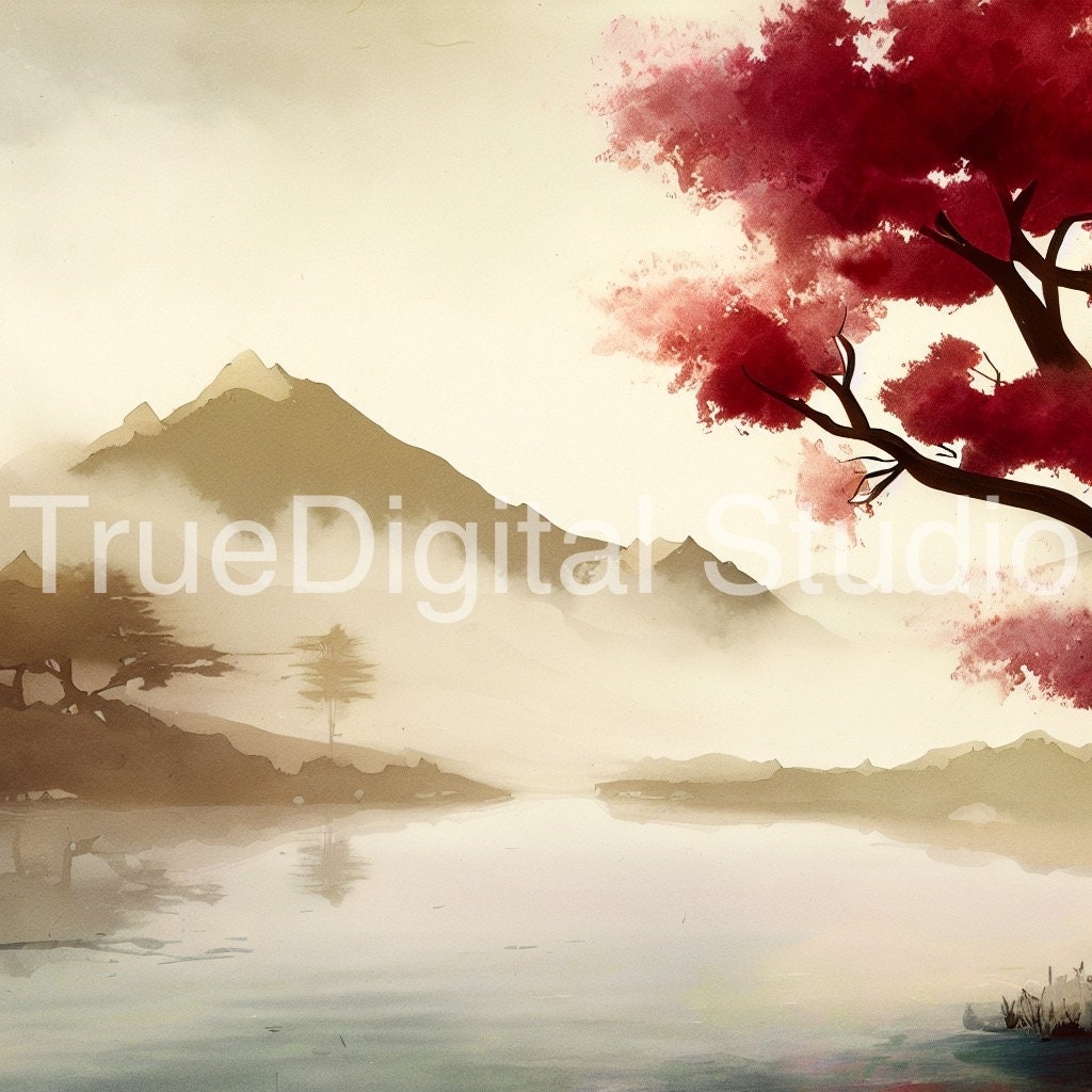 Vintage Red Sakura Tree Minimalist Japanese Watercolor Landscape Foggy