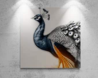 Vintage Peacock Charcoal Sketch Digital Art Download, Blue Orange Charcoal Sketch Peacock Home Decor Art, Printable Art