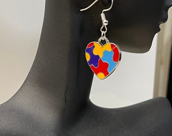 Autism Awareness Puzzle Piece Heart Earrings
