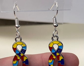 Autism Awareness Puzzle Piece Ribbon Earrings