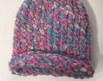 Newborn Knit Hat - Pink, Teal & Tan