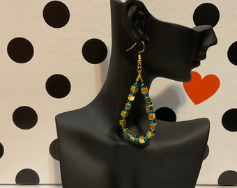 Gold and Teal Beaded Teardrop Dangle Hoop Earrings