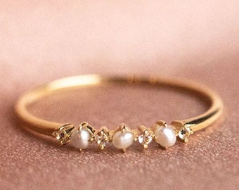 Vintage Pearl Wedding Band June Birthstone Ring 925 Stirling Silver Jewelry Simple Pearl Engagement Ring Propose Anniversary CZ Diamond Band