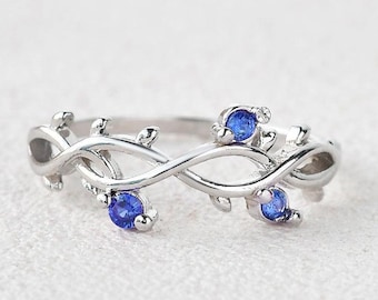 Vintage Blue Sapphire Wedding Dainty Ring Handmade Art Deco Anniversary Gift 925 Sterling Silver Jewelry Matching Ring September Birthstone