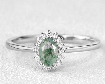 Vintage Moss Agate & CZ Diamond Wedding Ring 925 White Gold Moss Agate Wedding Ring Nature  Moss Agate Unique Ring Matching Ring For Women