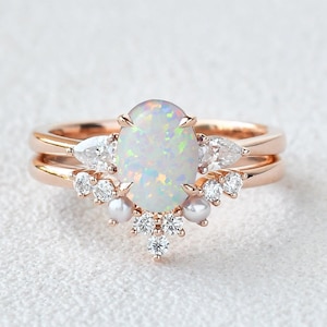 Vintage Opal & Pearl Engagement Ring Set 14K Rose Gold Unique Cluster Ring-Set Promise Gift
