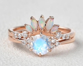 Natural Moonstone & Opal Gold Ring Set 14K Rose Gold Ring Art Deco Ring Set Blue Fire Moonstone Jewelry July Birthstone Gift For Women