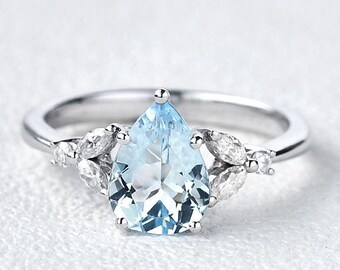 Vintage Aquamarine Ring 925 White Gold Aquamarine Engagement Ring Vintage Aquamarine Ring Antique Ring Birthstone Ring Promise Gift For Love