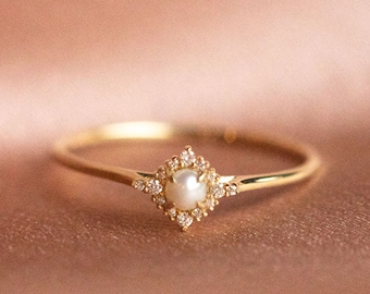 Ring med naturlig sötvattenspärla, pärla och diamantring i 925 sterlingsilver för kvinnor, present till mormor, statementring, gratis gravyr