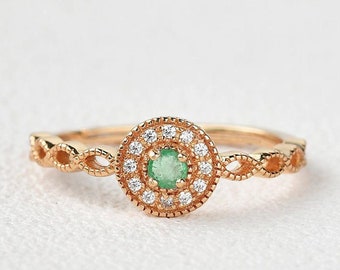 Emerald & CZ Diamond Promise Ring Unique Green Emerald Engagement Ring 14k Rose Gold Emerald Ring Promise Anniversary Ring Gift For Her