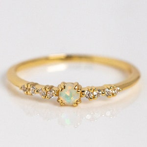 10K Yellow Gold Natural Opal Ring For Women Cluster Ring Round Cut Wedding Engagement Ring Handmade CZ Diamond Ring Optional Stone Ring