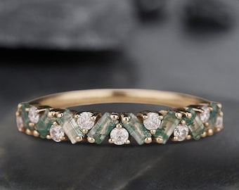 Unique Baguette Moss Agate Ring Moss agate Wedding Band Gold Rings Art Deco Eternity Band Moss Agate Matching Ring Personalized Gift For Her