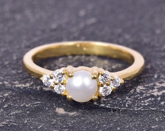 Freshwater Pearl & Diamond Ring, Lovely Pearl Ring 925 Sterling Silver Ring Gold Wedding Band, Women's Delicate Promise Ring June Birthstone