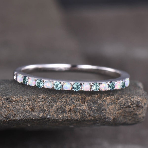 Opal Aquamarin Ehering Einzigartige Hälfte Eternity Band 18k Solid Gelbgold Opal und Aquamarin Band Jubiläumsgeschenk Frauen Versprechen Ring