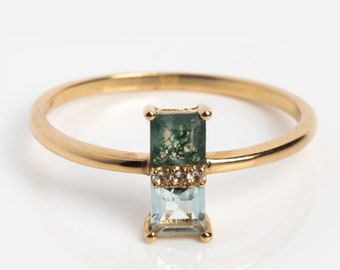 Square Cut Moss Agate Engagement Ring Vintage Solid Gold Ring Unique Cluster Square Cut Aquamarine CZ Diamond Wedding Ring Gift For Family