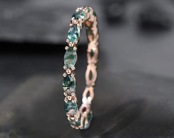Marquise Moss Agate Bridal Wedding Band 14k Solid Yellow Gold Band Diamond Stackable Gemstone Jewelry Moss Agate Birthday Gift New Year Gift