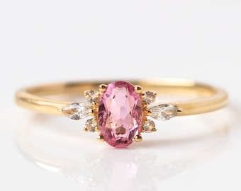 Unique Pink Tourmaline Wedding Ring Oval Shaped Cut Pink Tourmaline Engagement Ring Pink Tourmaline & White Sapphire Ring Women Gift