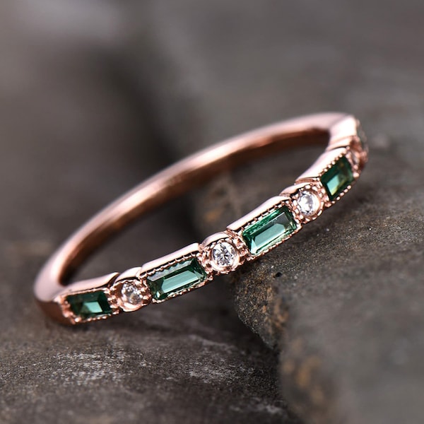 Emerald Stacking Half Eternity Wedding band Baguette Cut Emerald Gold Minimalist Ring May Birthstone Promise Band Milgrain Rose Gold Plated